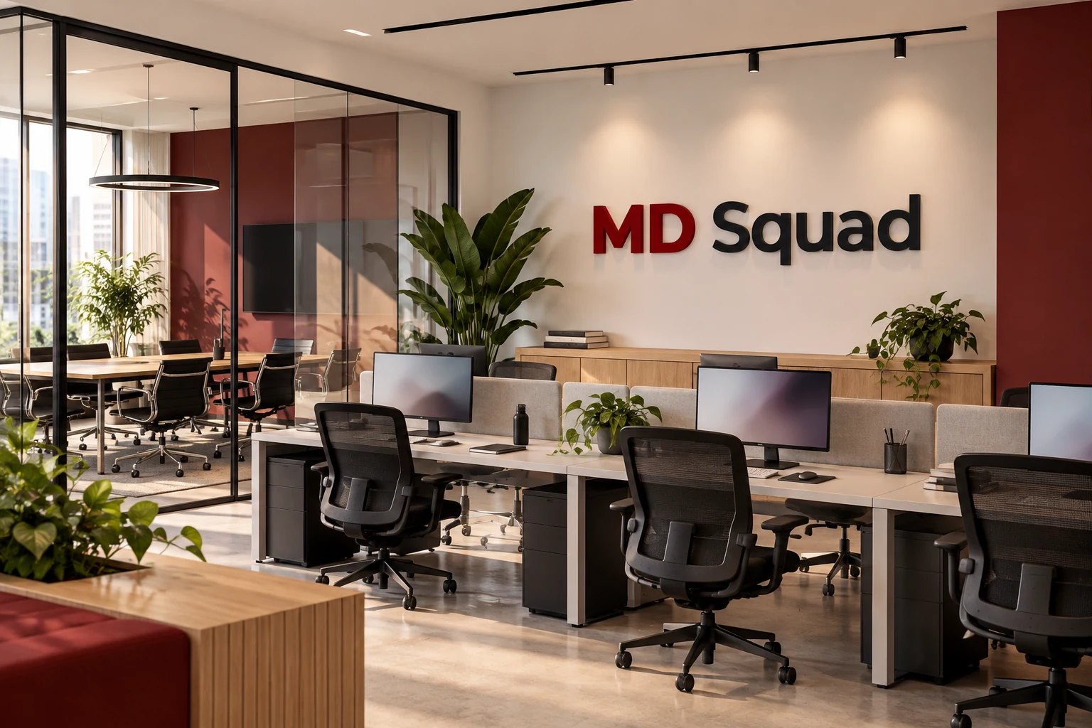 Aplicação conceitual da marca MD Squad em um escritório