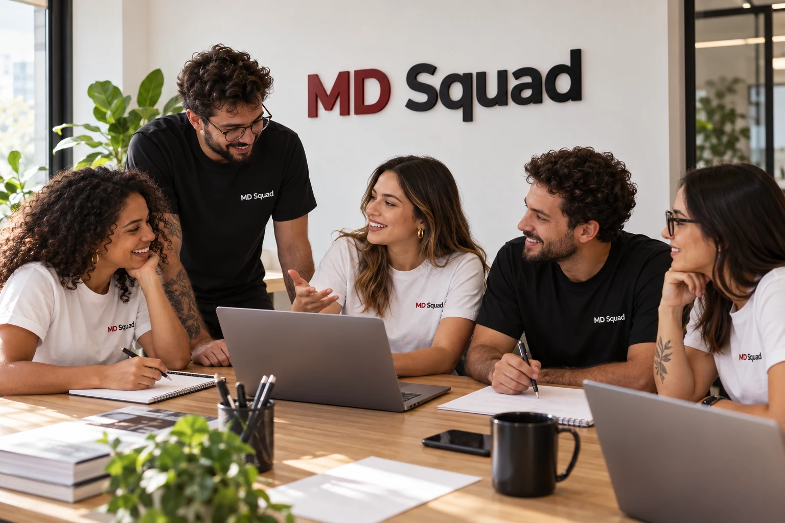 Cena ilustrativa de um squad brasileiro colaborando em uma mesa de trabalho